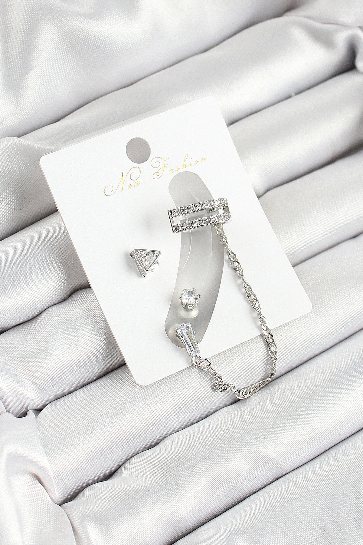 Brass Triangle Figured Zircon Stone Silver Color 3-Piece Cartilage Women's Earring Set