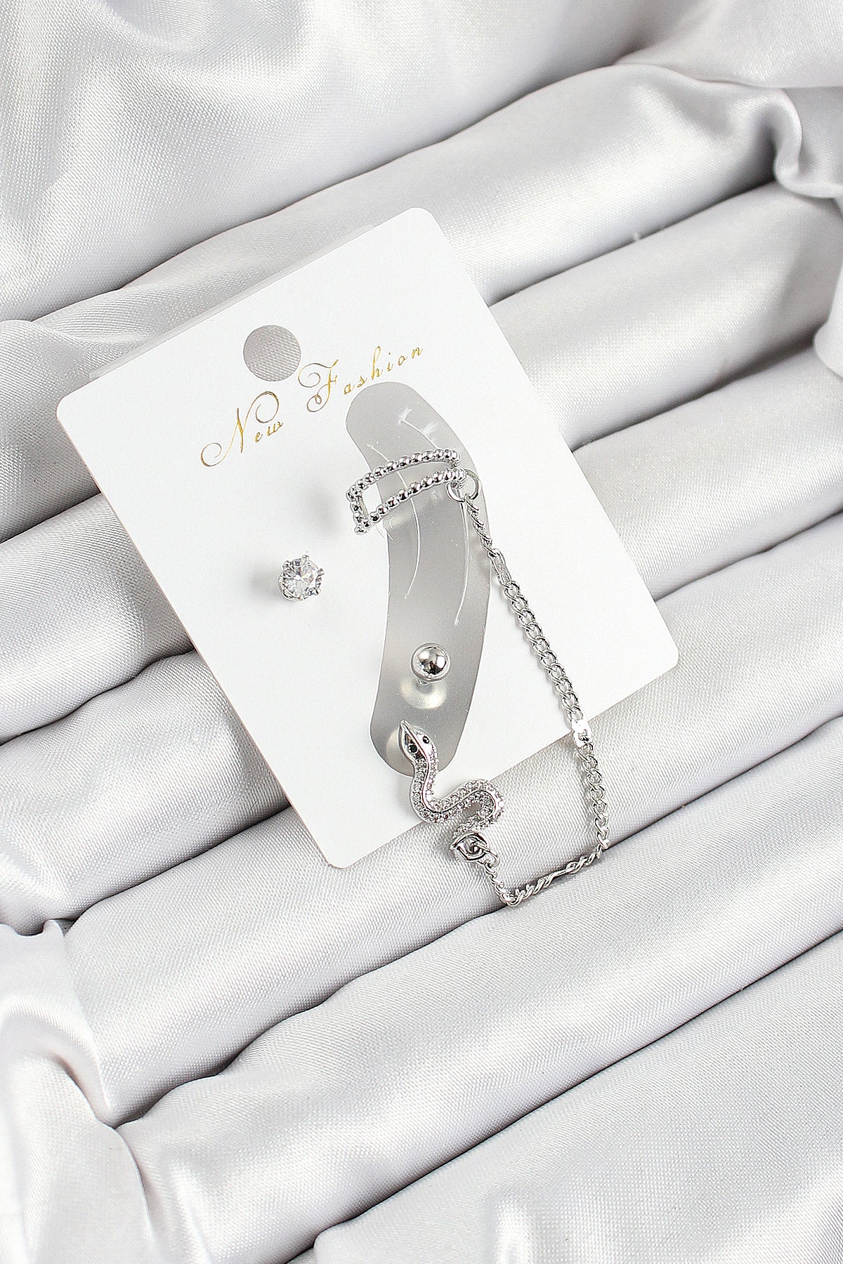 Brass Snake Figured Zircon Stone Silver Color 3-Piece Cartilage Women's Earring Set