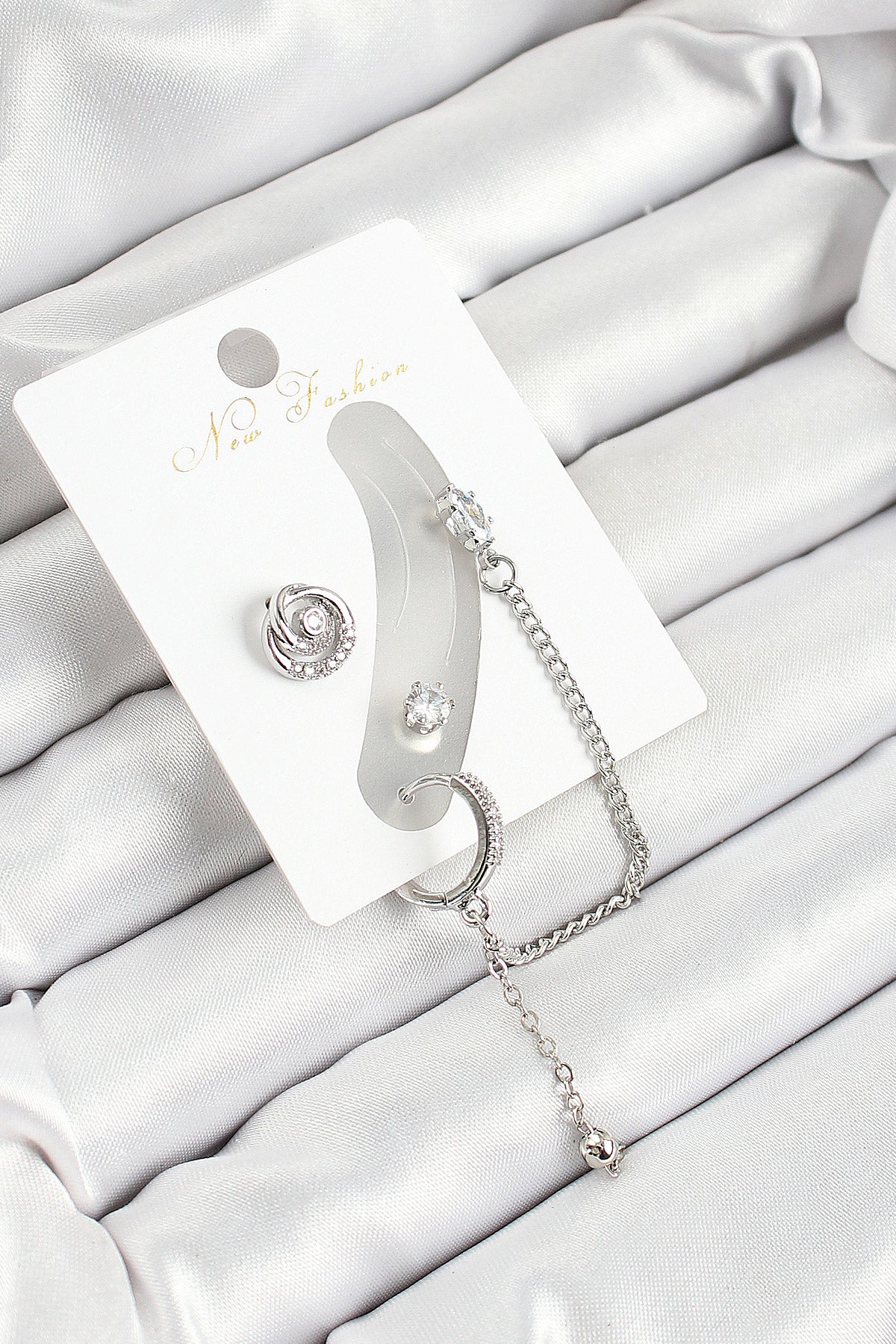 Brass Ring Figured Zircon Stone Silver Color 3-Piece Cartilage Women's Earring Set