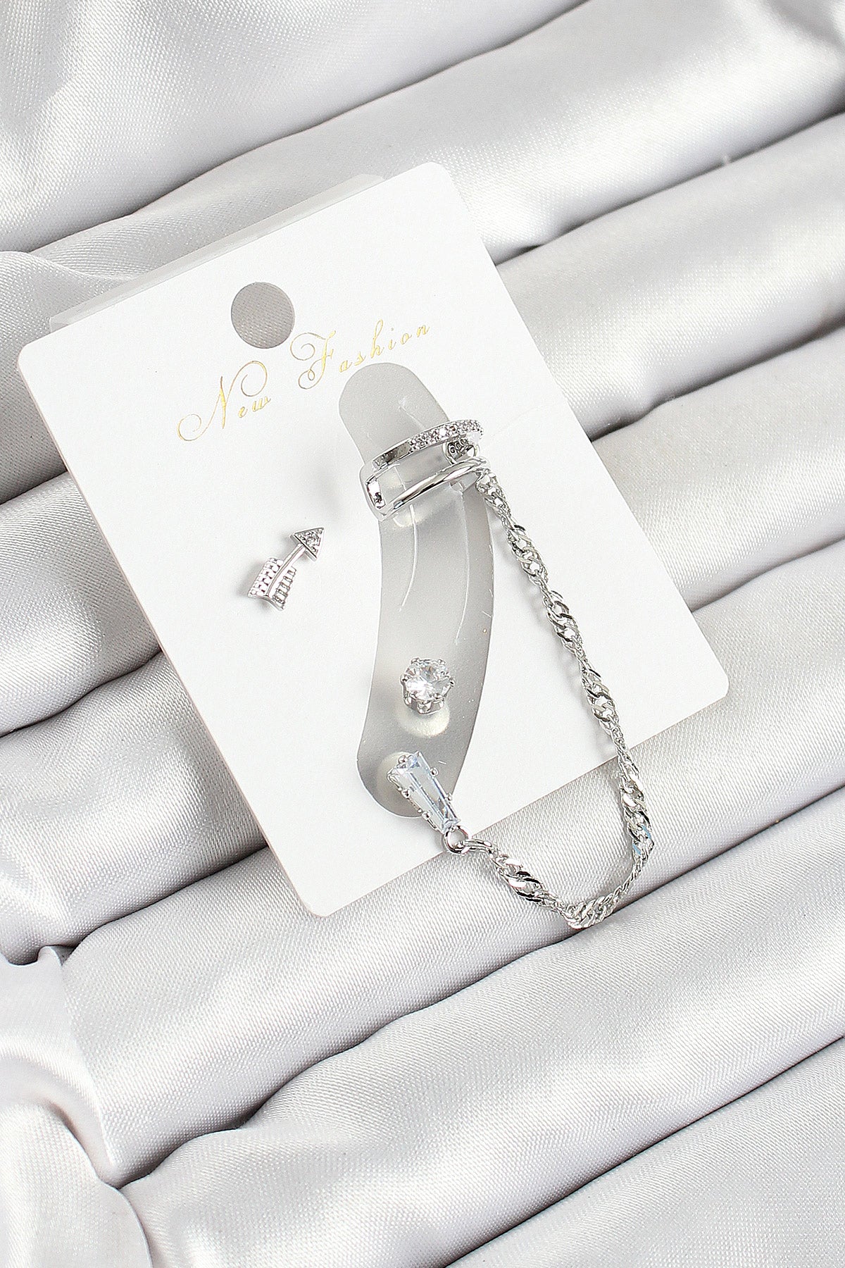 Brass Arrow Figured Zircon Stone Silver Color 3-Piece Cartilage Women's Earring Set