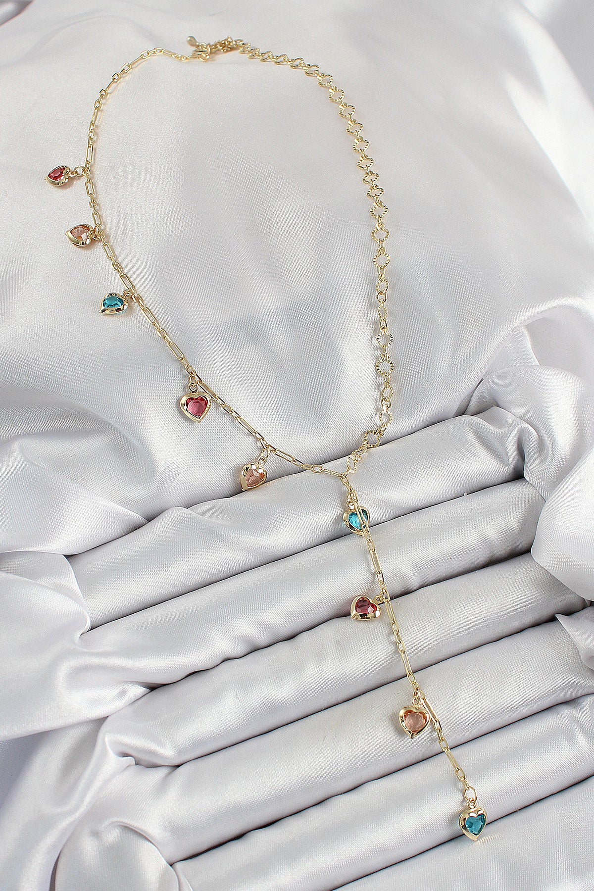 Pirinç Asorti Kalp Model Gold Renk Zirkon Taşlı Y Kolye