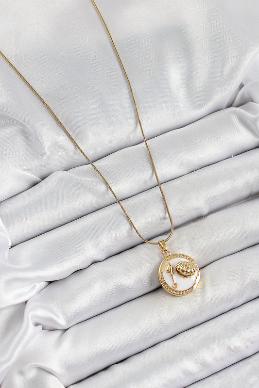 316L Stainless Steel Gold-Tone White Oyster Artistic Portrait Women's Necklace with Enamel Detail