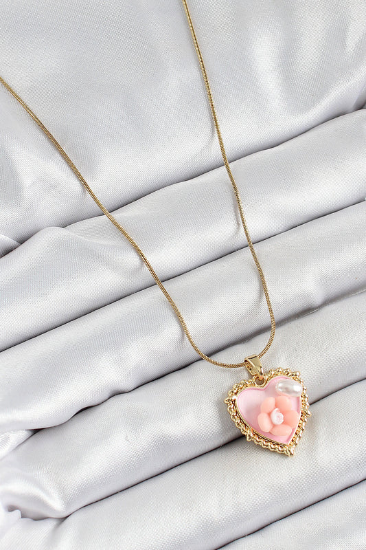 316L Stainless Steel Gold-Tone Pink Daisy and Heart Artistic Portrait Women's Necklace with Pearl Detail