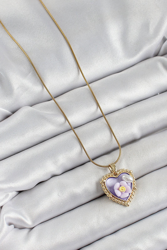 316L Stainless Steel Gold-Tone Purple Daisy and Heart Artistic Portrait Women's Necklace with Pearl Detail