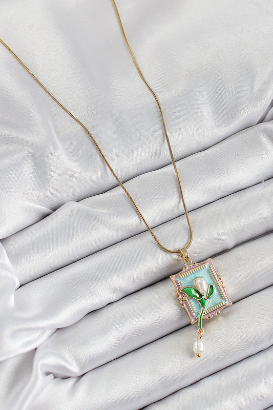 316L Stainless Steel Gold-Tone Turquoise Tulip Artistic Portrait Dangle Women's Necklace with Pearl Detail