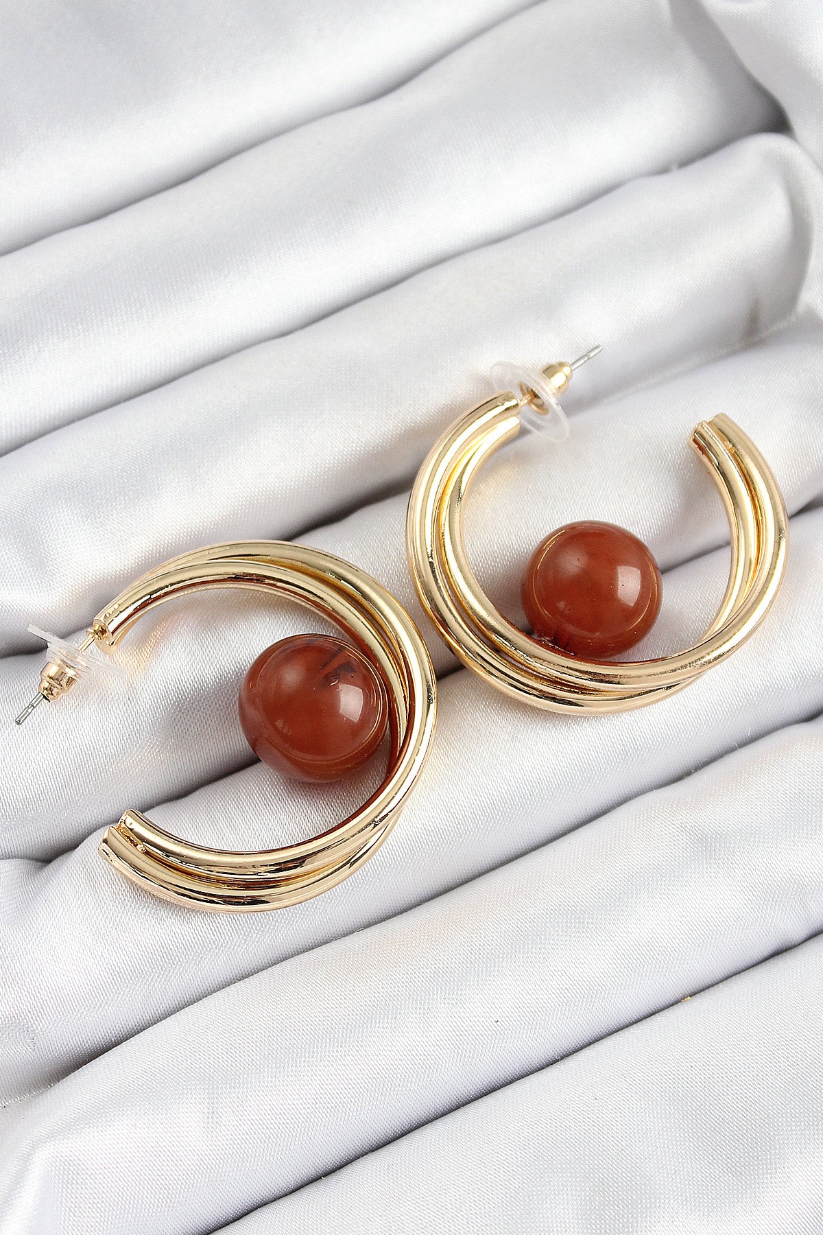 Brass Gold Color Hoop Model Brown Bead Detail Women's Earrings