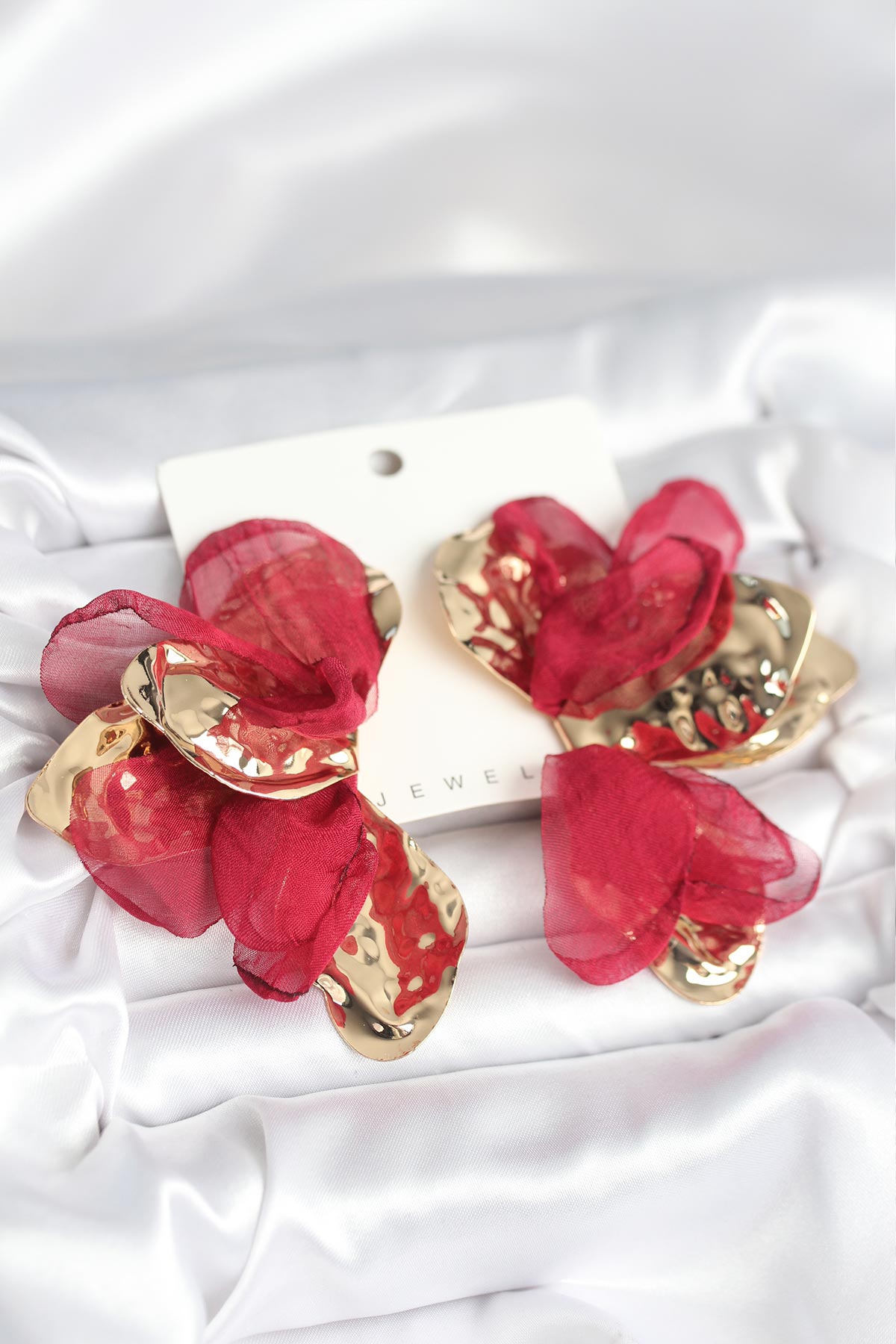 Brass Gold-Tone Burgundy Lotus Tulle Detail Women's Earrings