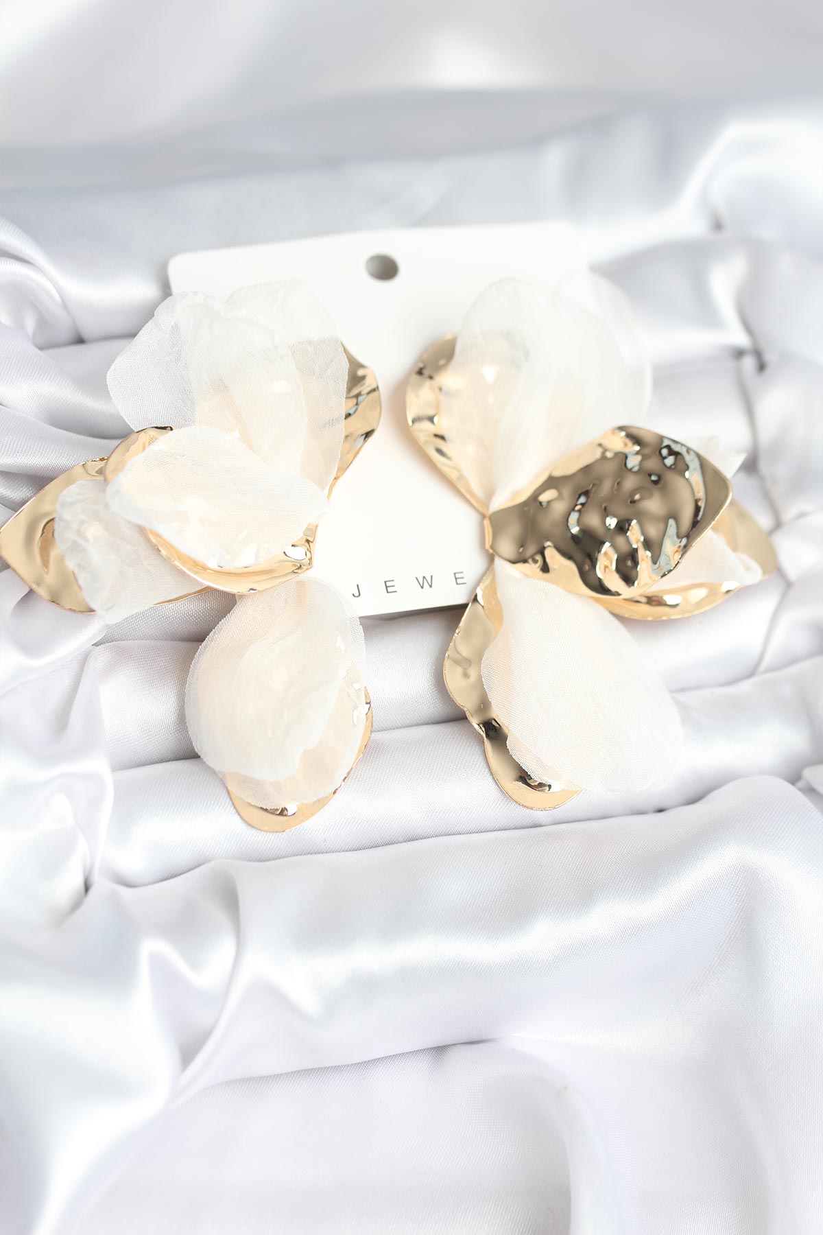 Brass Gold-Tone White Lotus Tulle Detail Women's Earrings