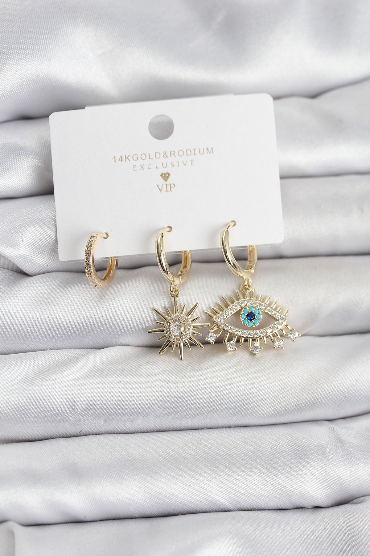 Brass Gold-Tone Eye Motif 3-Pair Women's Earrings Set