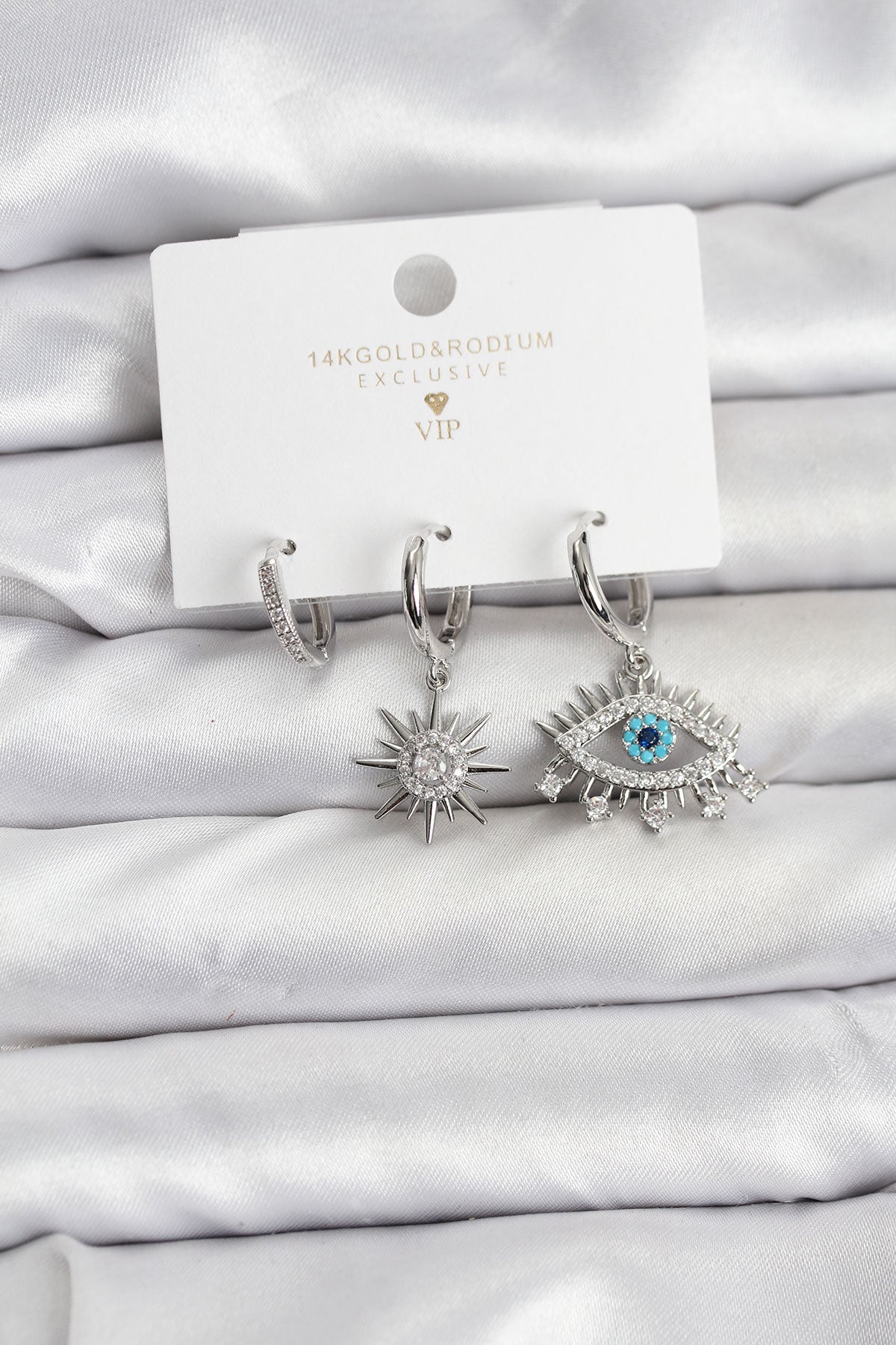 Brass Silver-Tone Eye Motif 3-Pair Women's Earrings Set