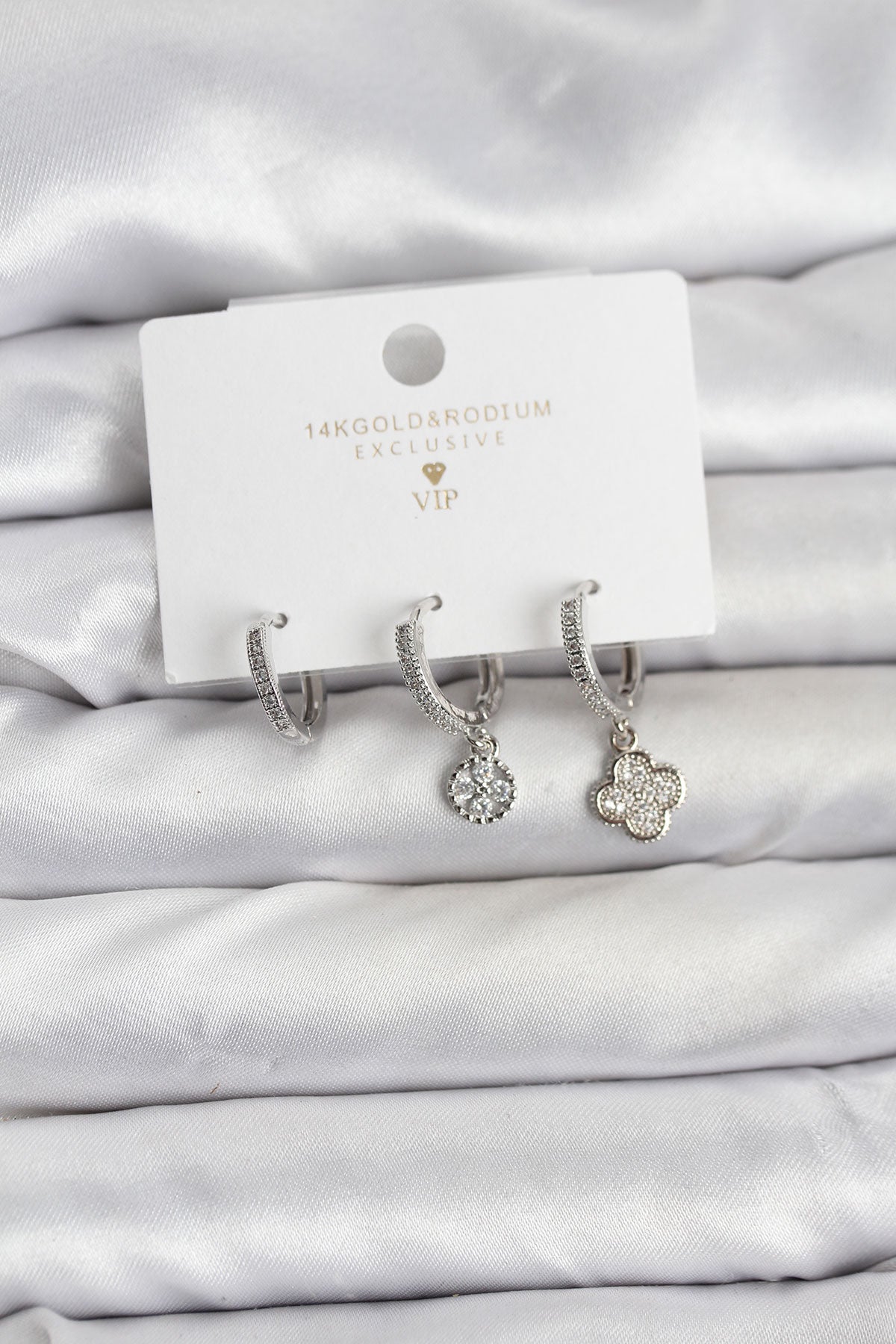 Brass Silver-Tone Clover 3-Pair Women's Earrings Set