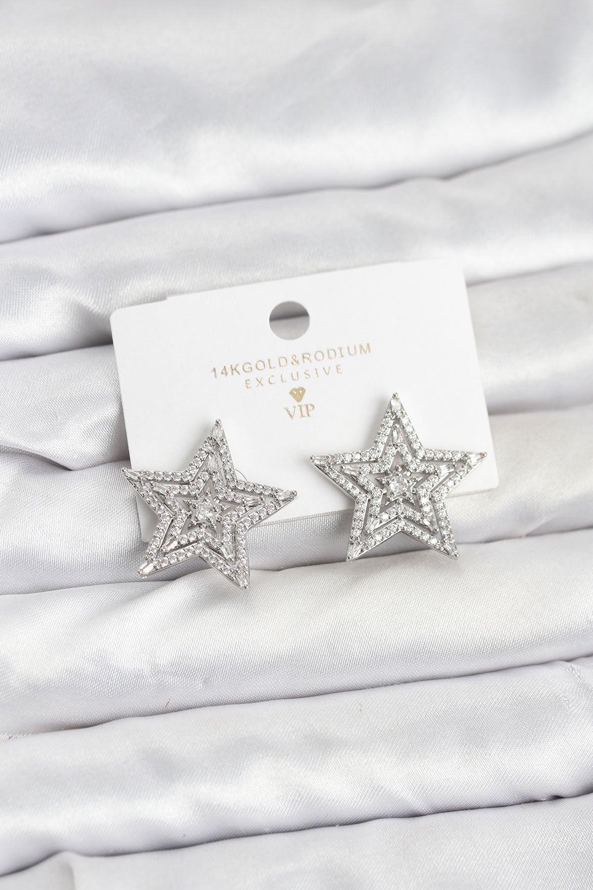 Brass Silver-Tone Star Women's Earrings with Zircon Detail