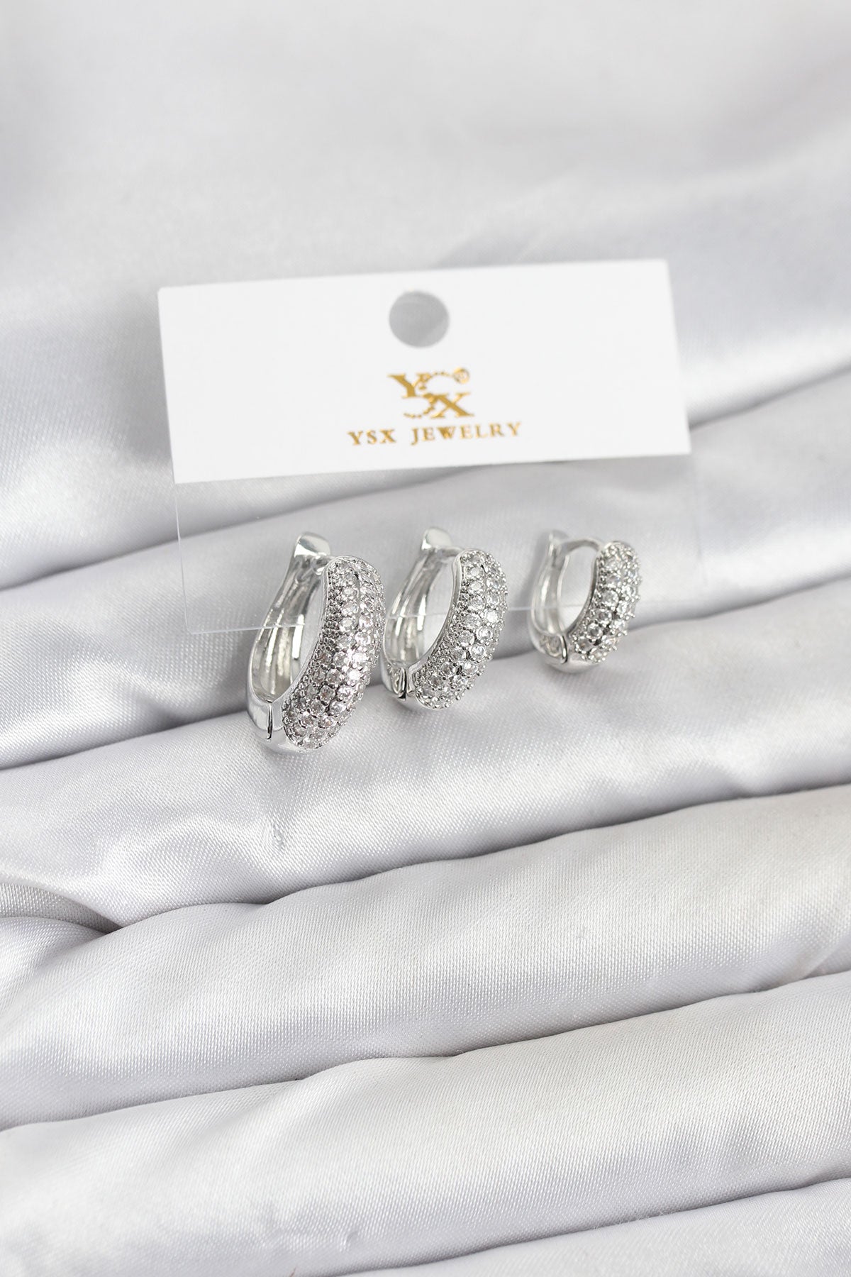 Brass Silver-Tone Hoop Earrings with Zircon Detail