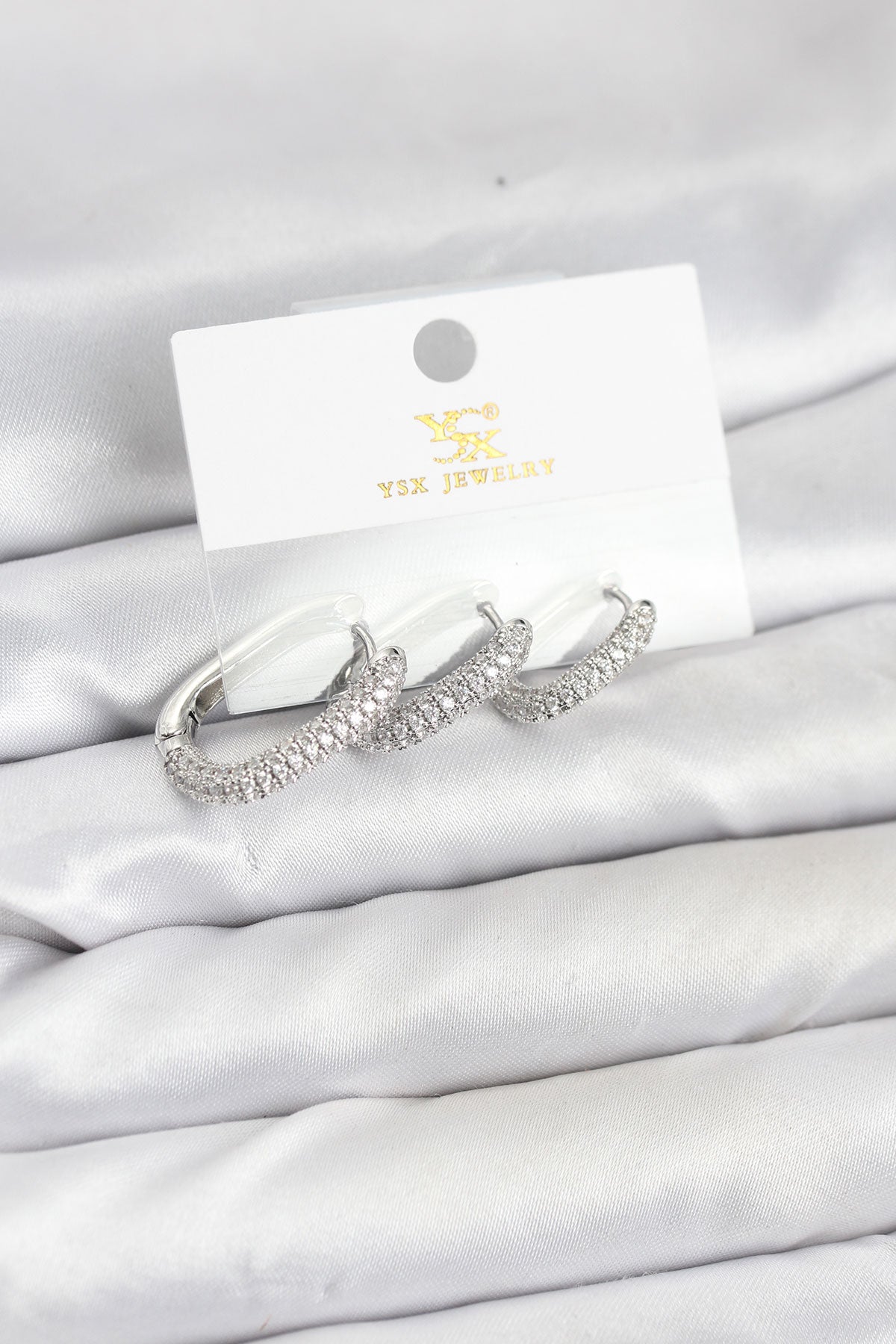 Brass Silver-Tone Hoop Earrings with Zircon Detail