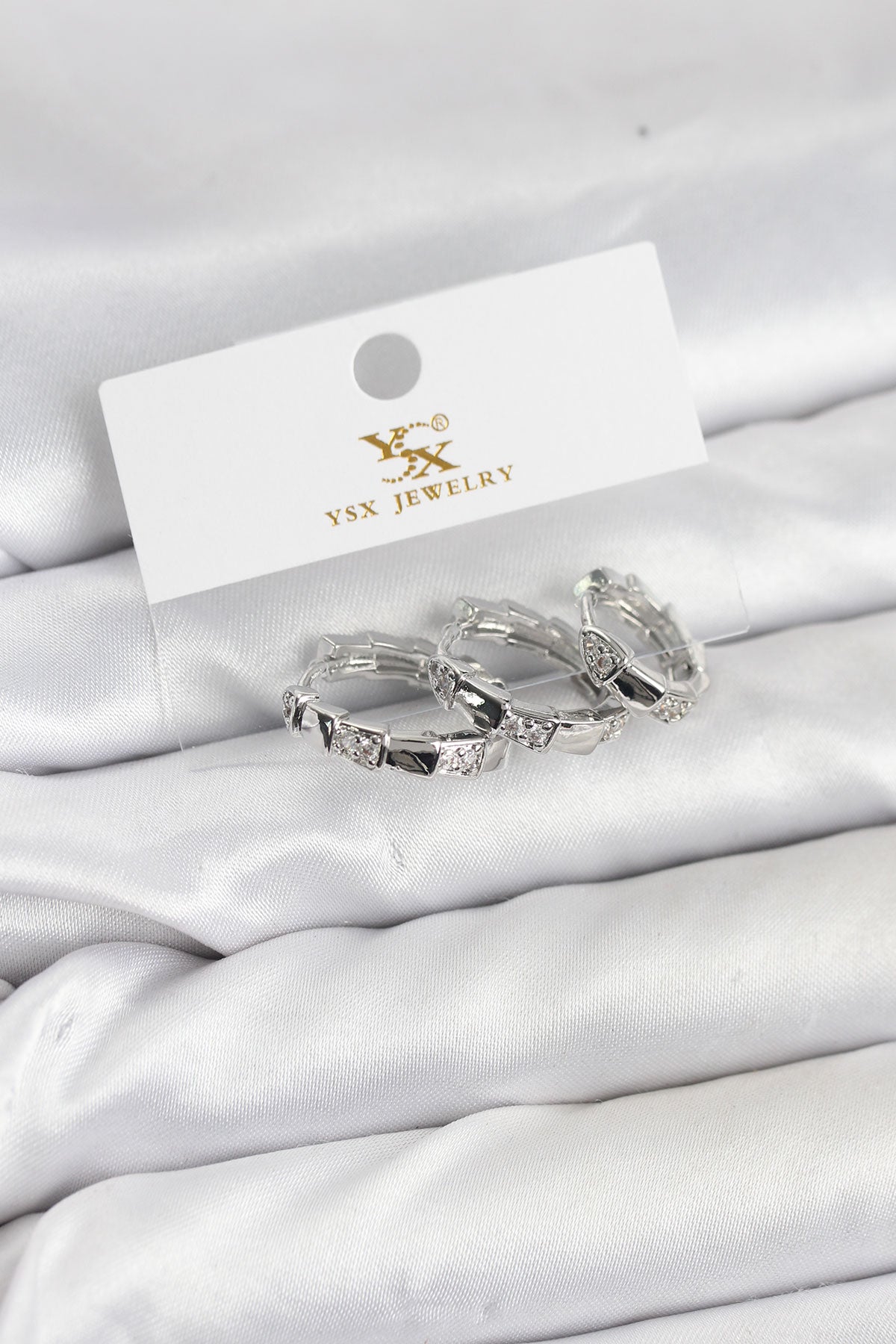 Brass Silver-Tone Snake Hoop Earrings with Zircon Detail