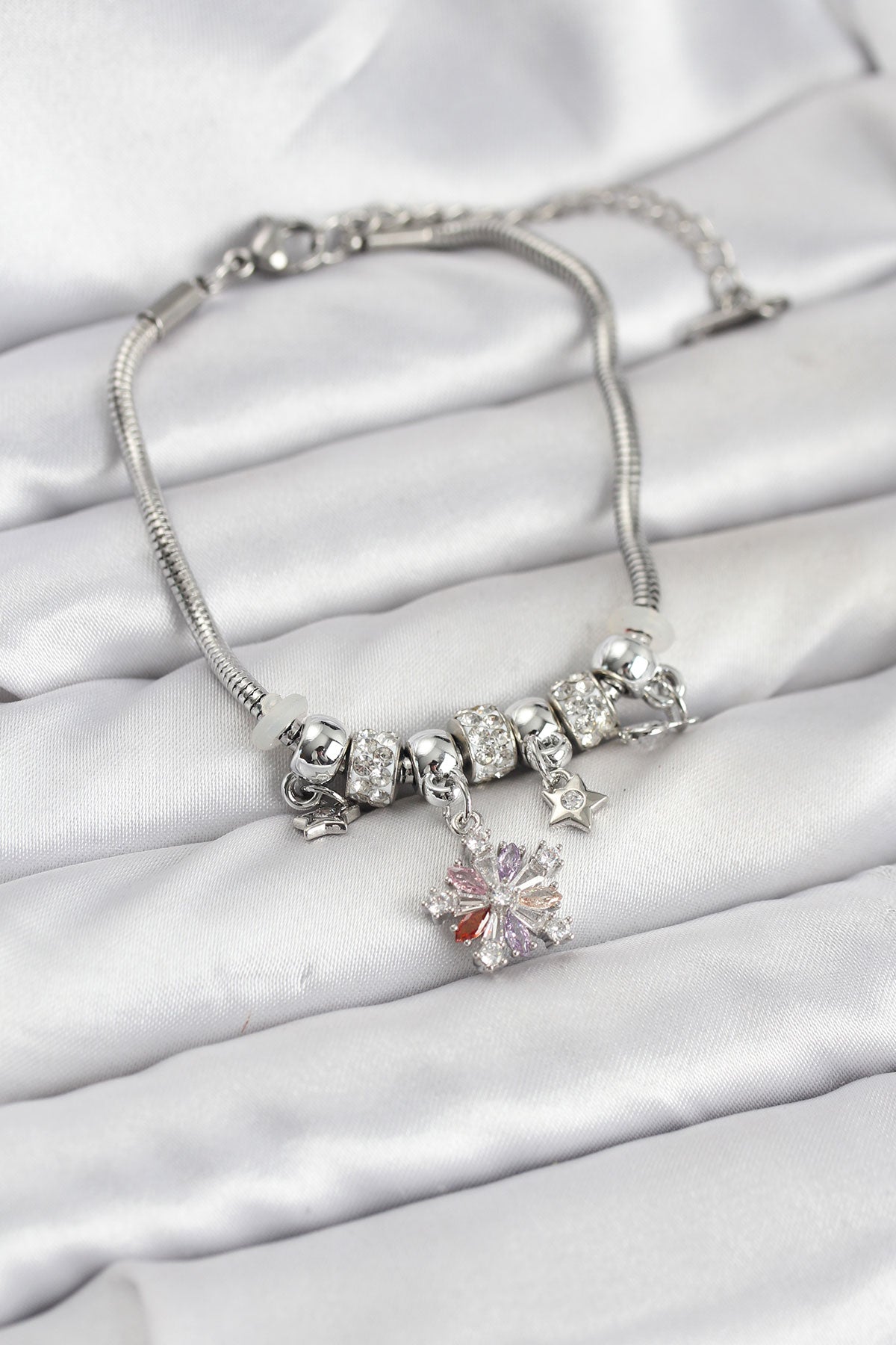 Brass Silver-Tone Multicolor Charm Star Women's Bracelet