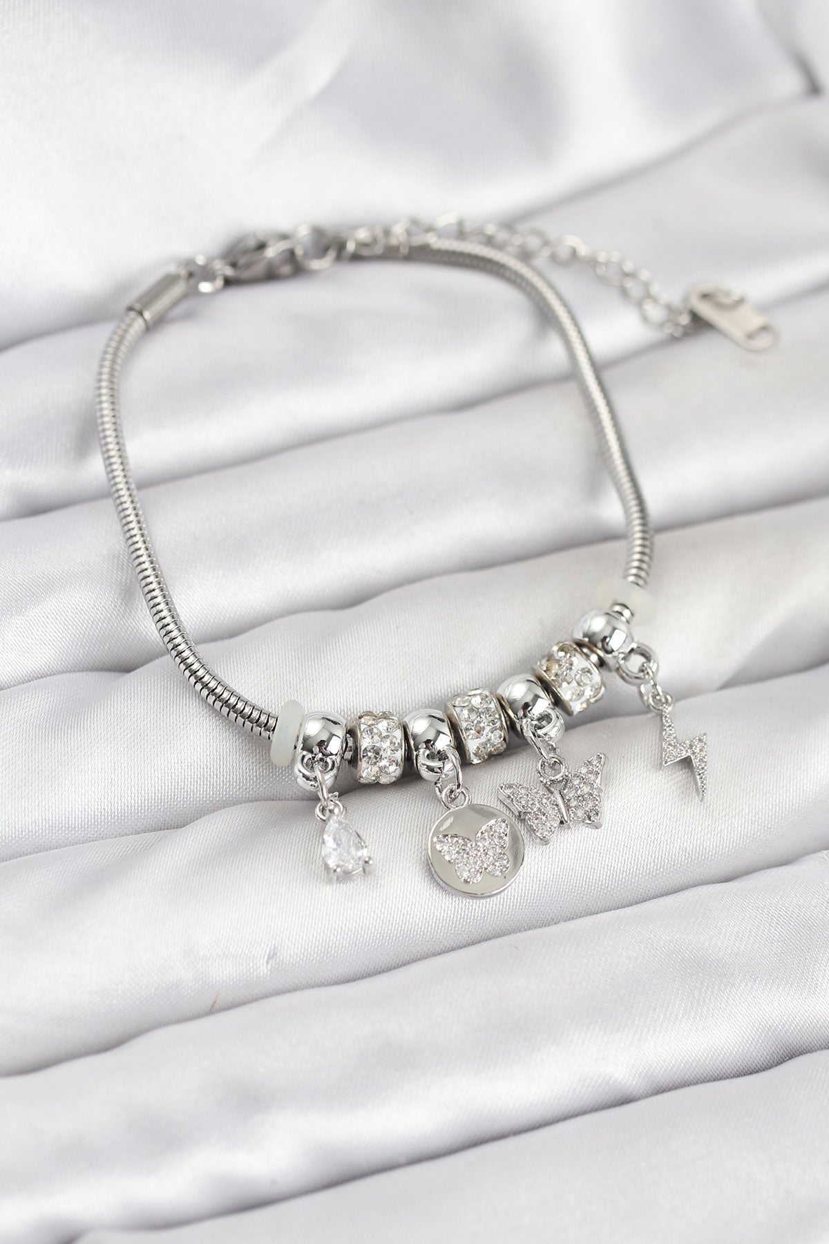 Brass Silver-Tone Charm Butterfly Women's Bracelet