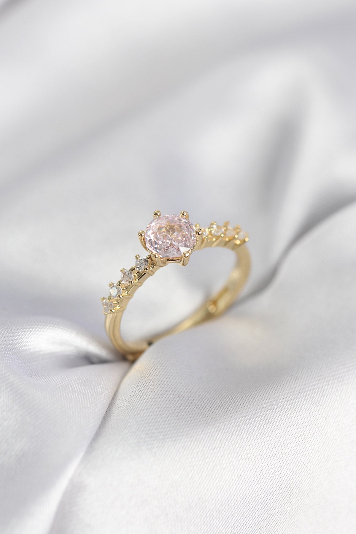 Gold-Tone Solitaire Pink Women's Ring with Zircon Detail