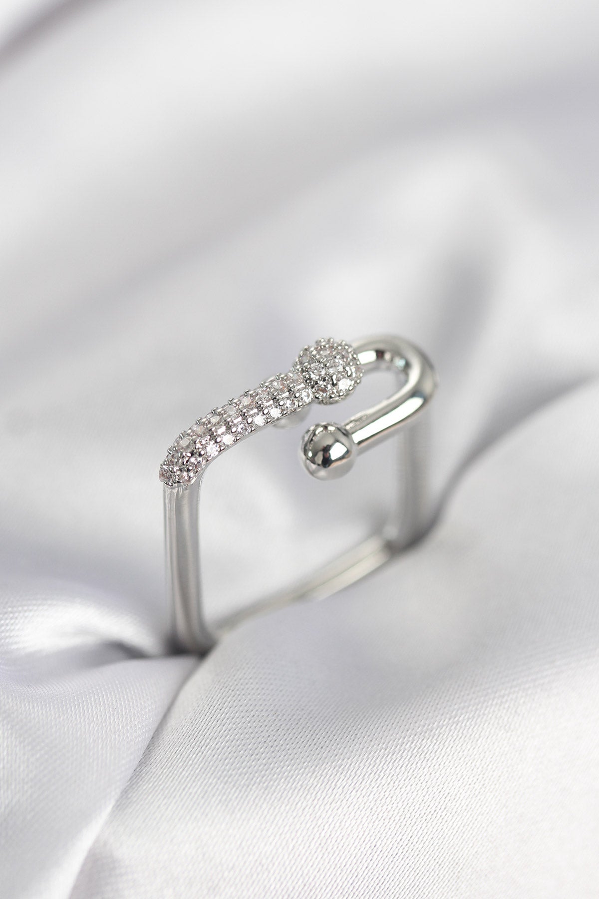 Silver-Tone Square Women's Ring with Zircon Detail