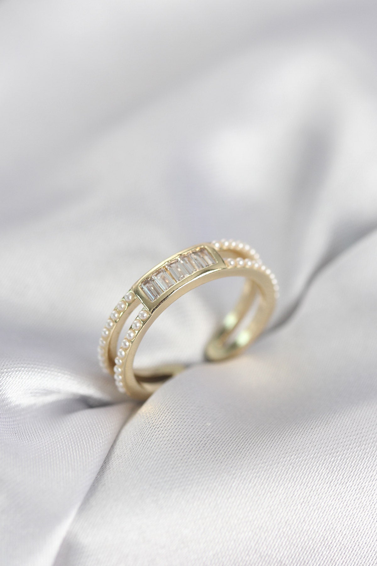 Gold-Tone Women's Ring with Baguette Zircon Detail and Pearl Detail