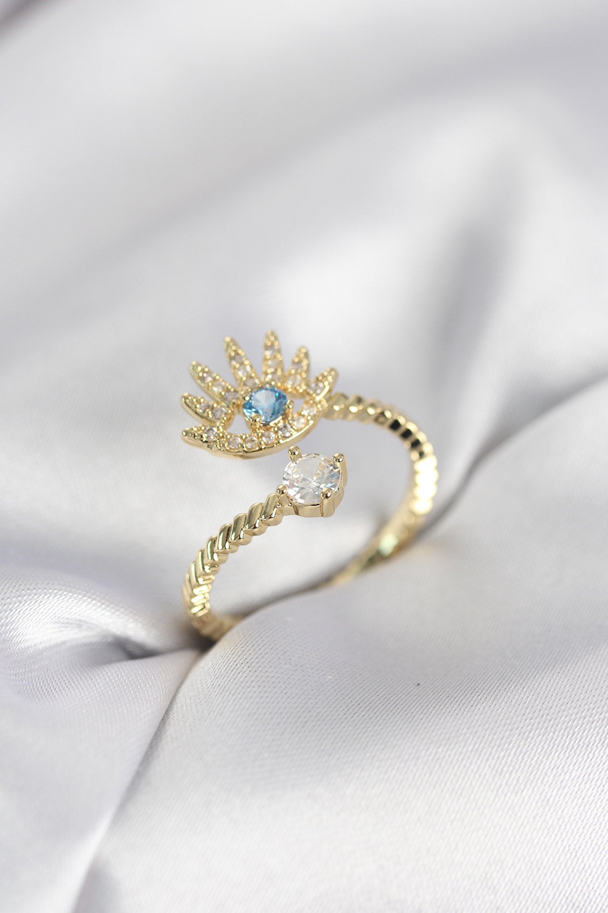 Gold-Tone Eye Motif Women's Ring with Zircon Detail