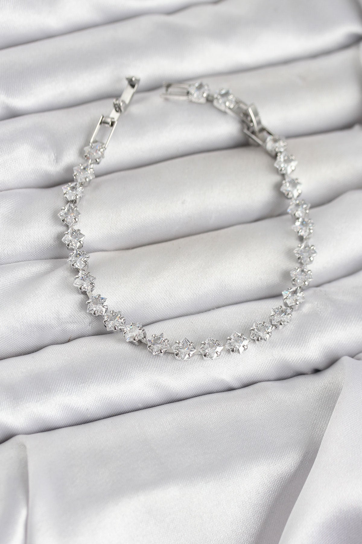 Brass Silver-Tone Square Tennis Bracelet with Zircon Detail