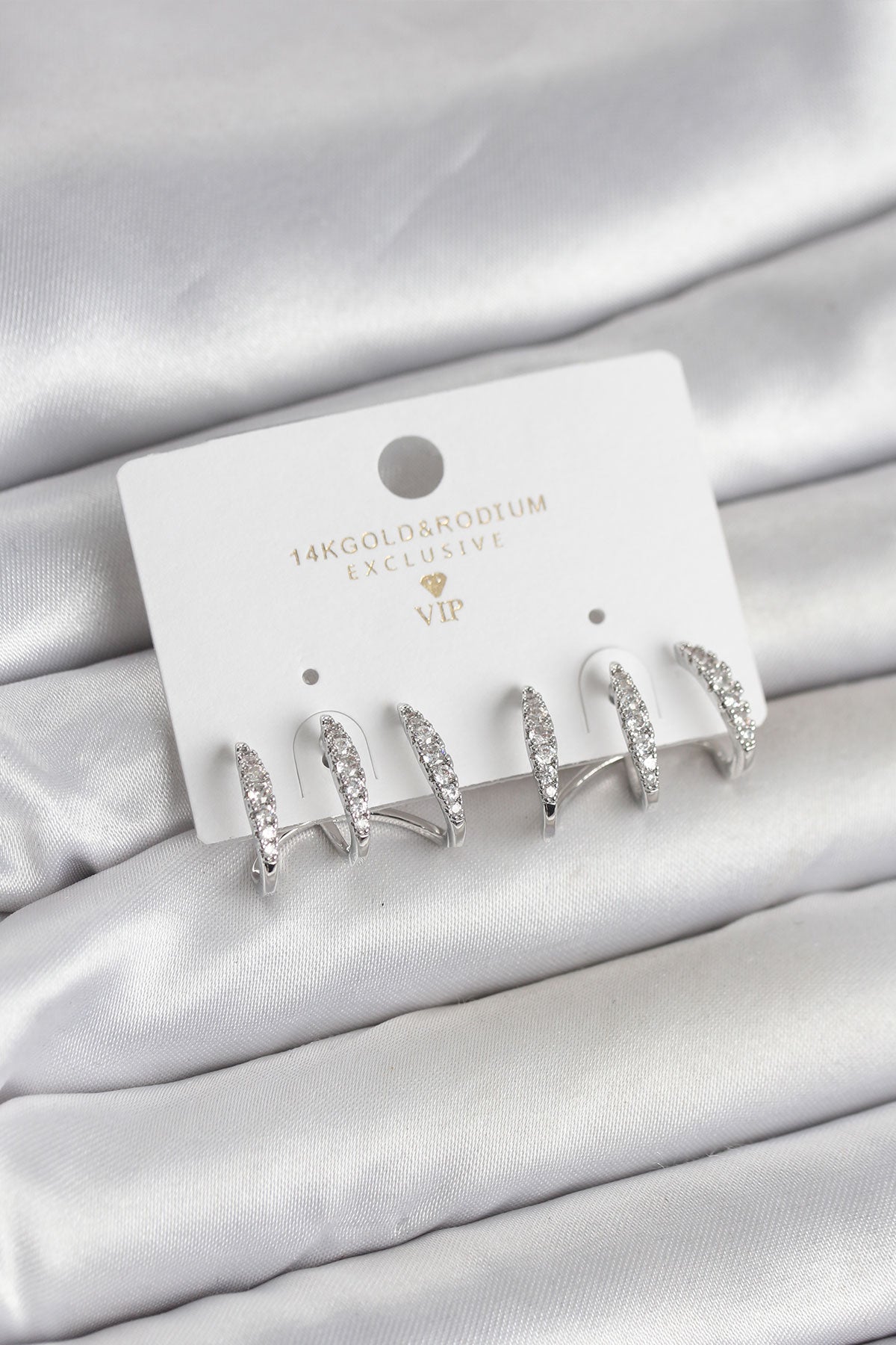 Brass Silver-Tone Women's Earrings with Zircon Detail