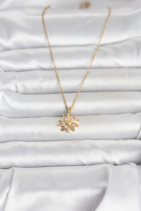 316L Çelik Zincir Gold Renk Pembe Papatya Model Kadın Kolye