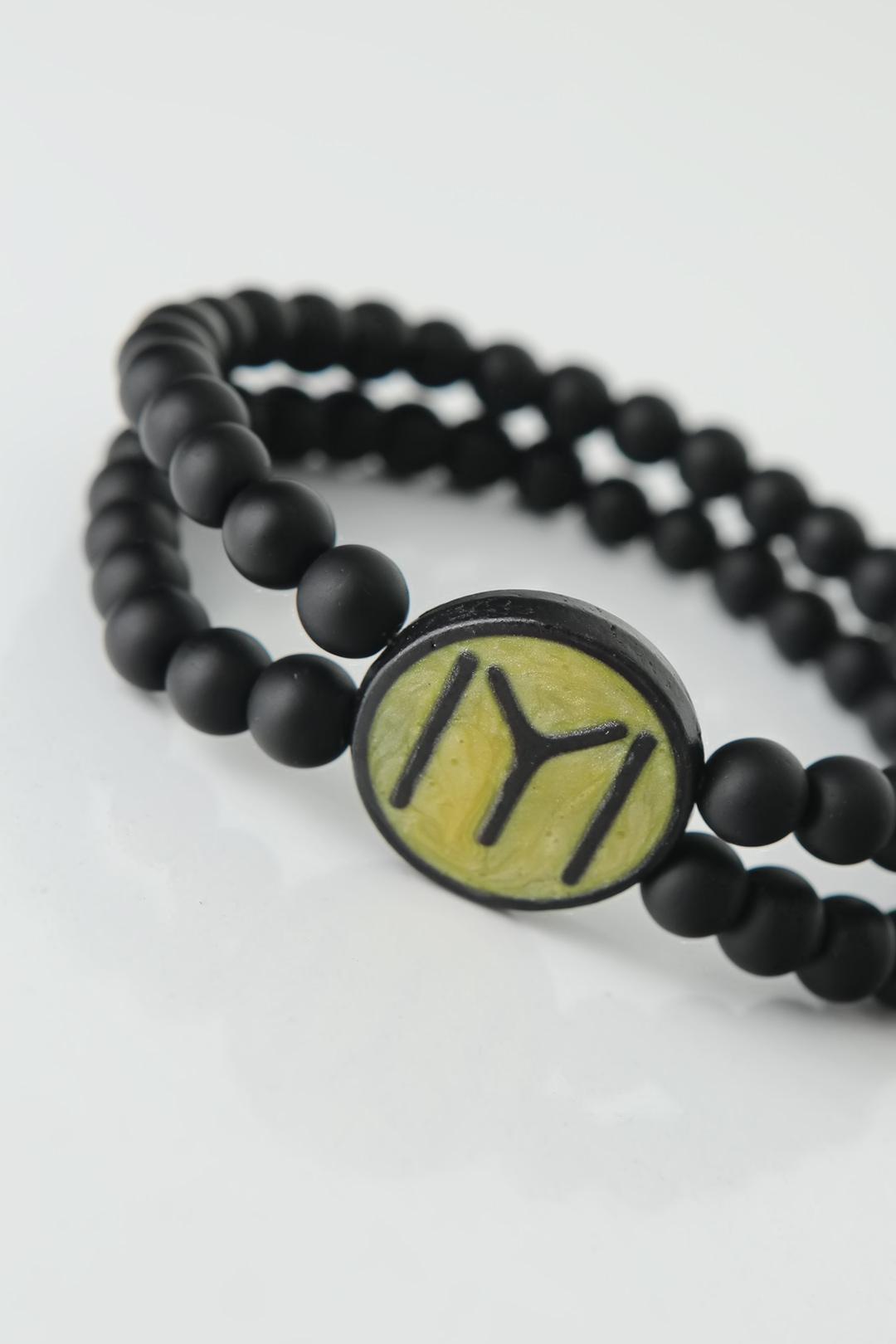 Black Color Double Row Natural Stone Men's Bracelet with Black Kayi Size Figure on Yellow Colored Metal