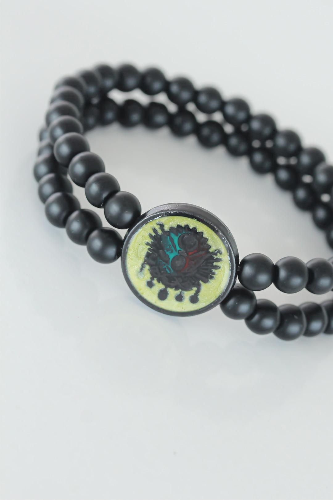 Black Color Double Row Natural Stone Men's Bracelet with Ottoman Coat of Arms Figure on Yellow Colored Metal