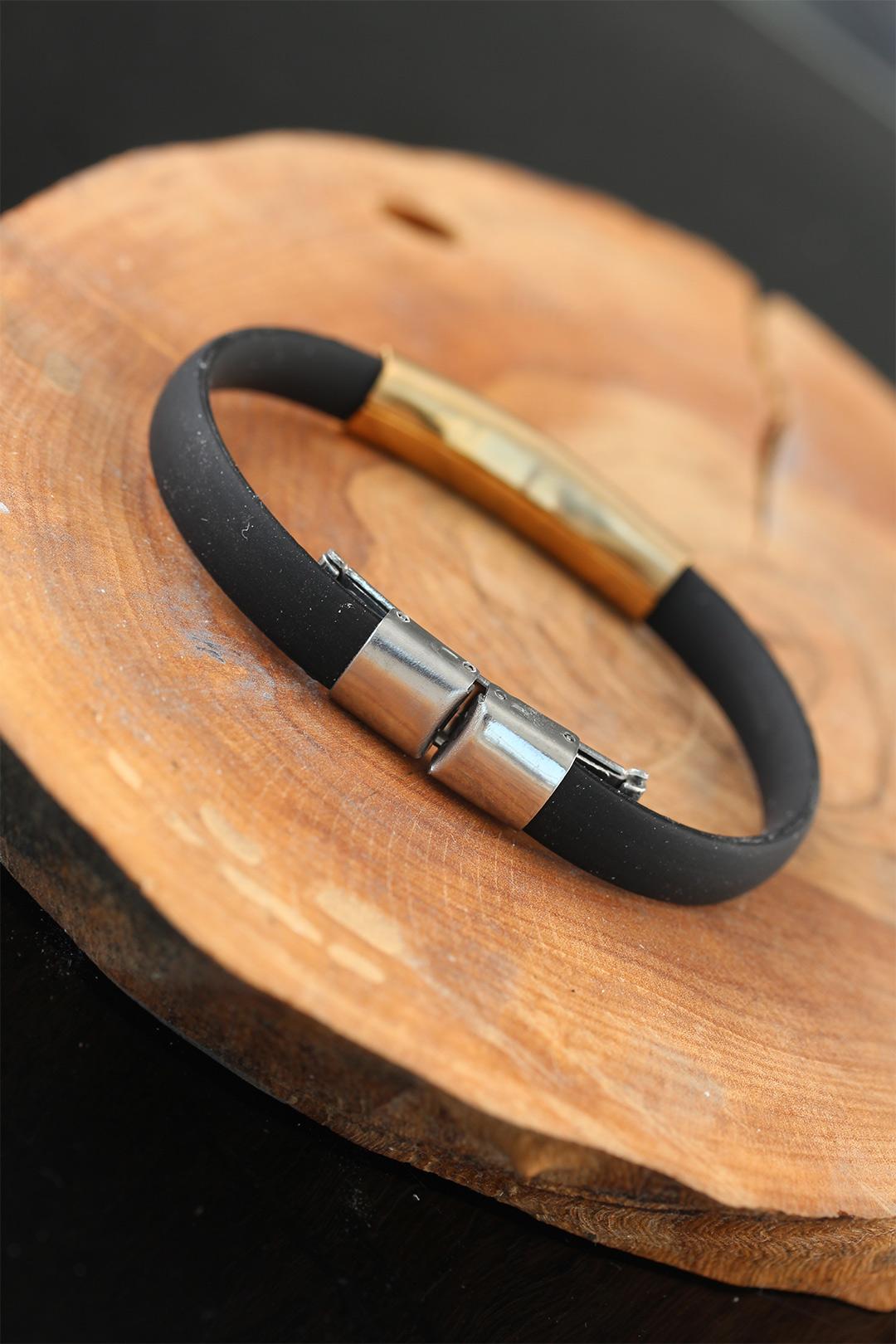 Gold Color Metal Design Black Color Silicone Men's Bracelet