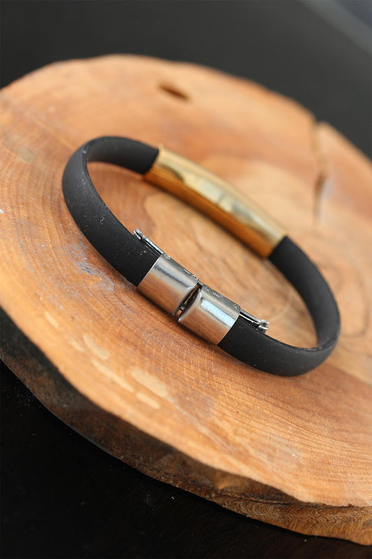 Gold Color Metal Design Black Color Silicone Men's Bracelet