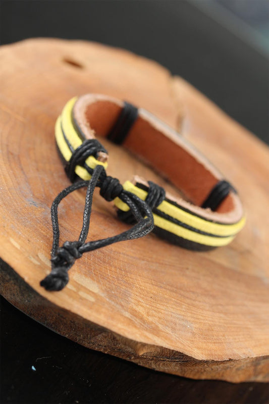 Yellow Black Leather Men's Bracelet with Metal Accessories