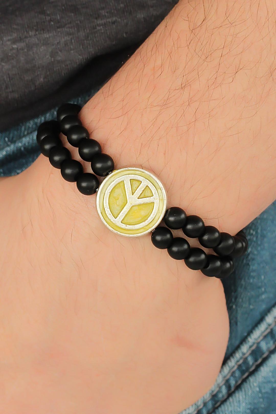 Black Color Matte Onyx Natural Stone Men's Bracelet with Yellow Metal Peace Symbol Design