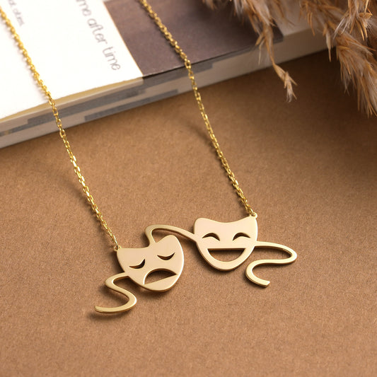 Comedy Tragedy Mask Necklace: Brass with Gold or Silver Finish Drama Pendant