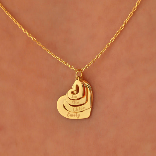 Personalized Family Heart Necklace: Brass with Gold or Silver Finish Custom Name Pendant