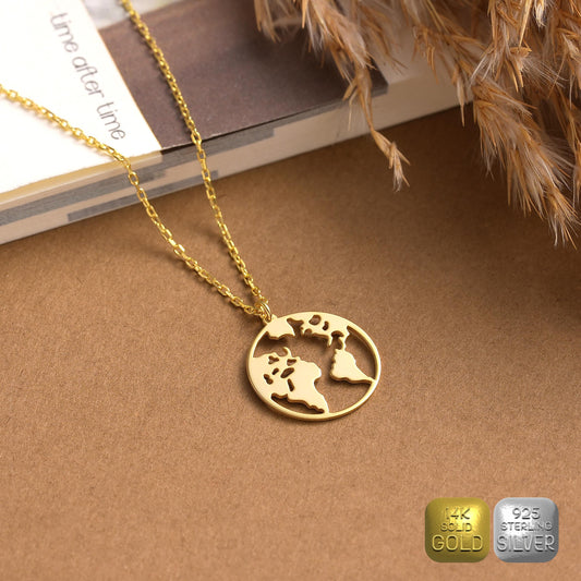 Minimalist World Map Necklace: Brass Globe Pendant, Handmade Travel Jewelry