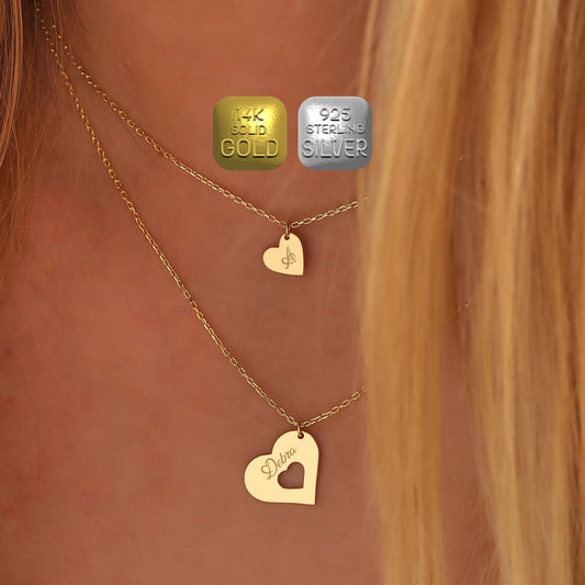 Personalized Double Heart Necklace: Brass with Gold or Silver Finish Custom Pendant