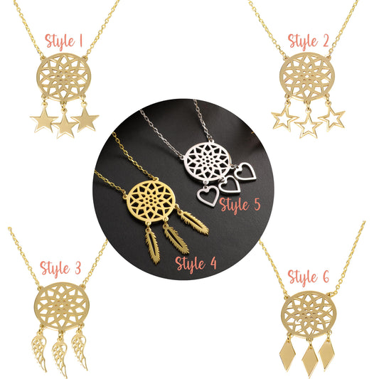 Handmade Dreamcatcher Necklace: Brass with Gold or Silver Finish Boho Feather Pendant
