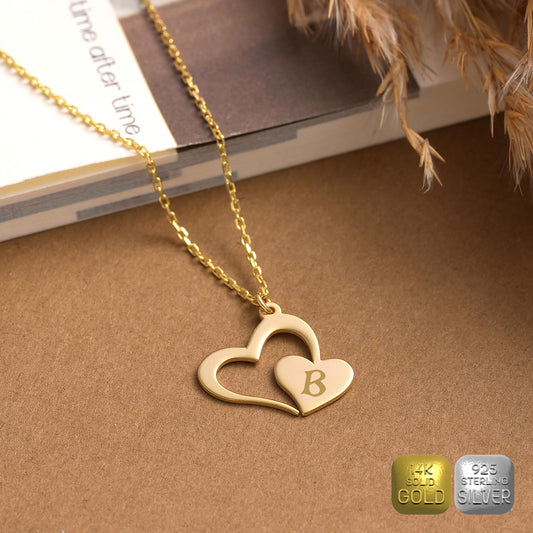 Personalized Double Heart Necklace: Brass with Gold or Silver Finish Initial Pendant