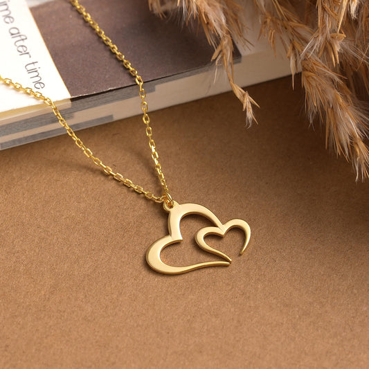 Interlocking Hearts Necklace: Brass with Gold or Silver Finish Couple Pendant
