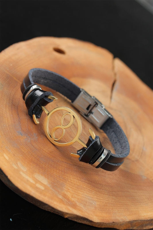 Gold Color Infinity Metal Accessory Black Color Leather Men's Bracelet