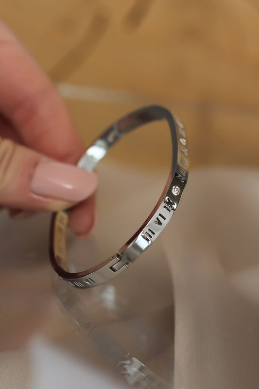 316L Steel Roman Numeral Silver Color Bracelet Cuff