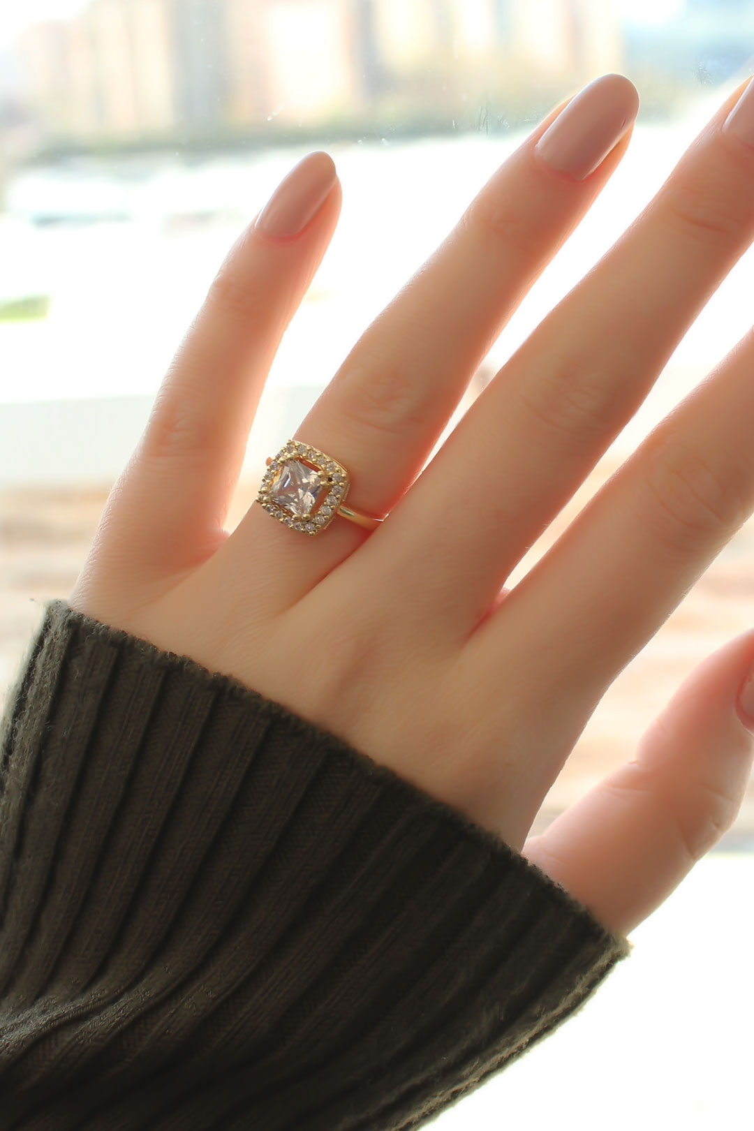 Gold Baguette and Zircon Stone Square Ring