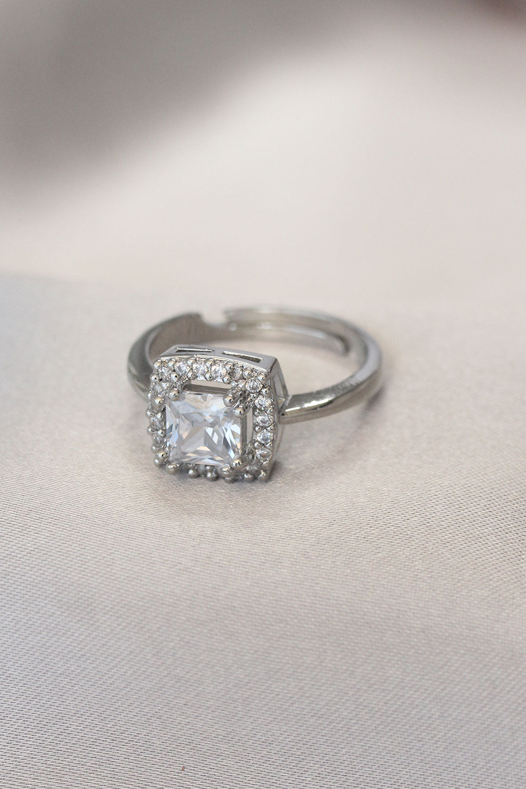 Silver Color Baguette and Zircon Stone Square Ring