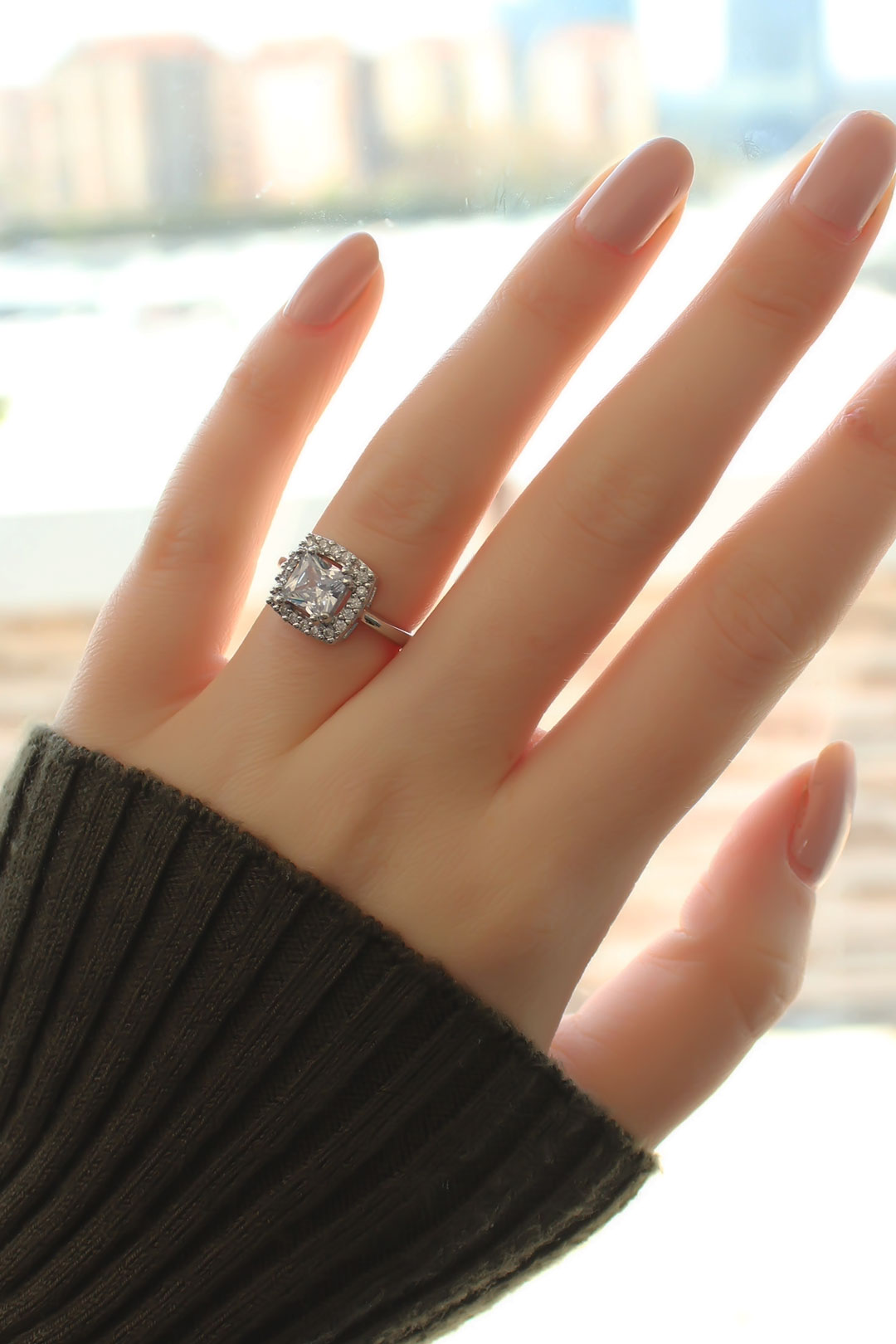 Silver Color Baguette and Zircon Stone Square Ring