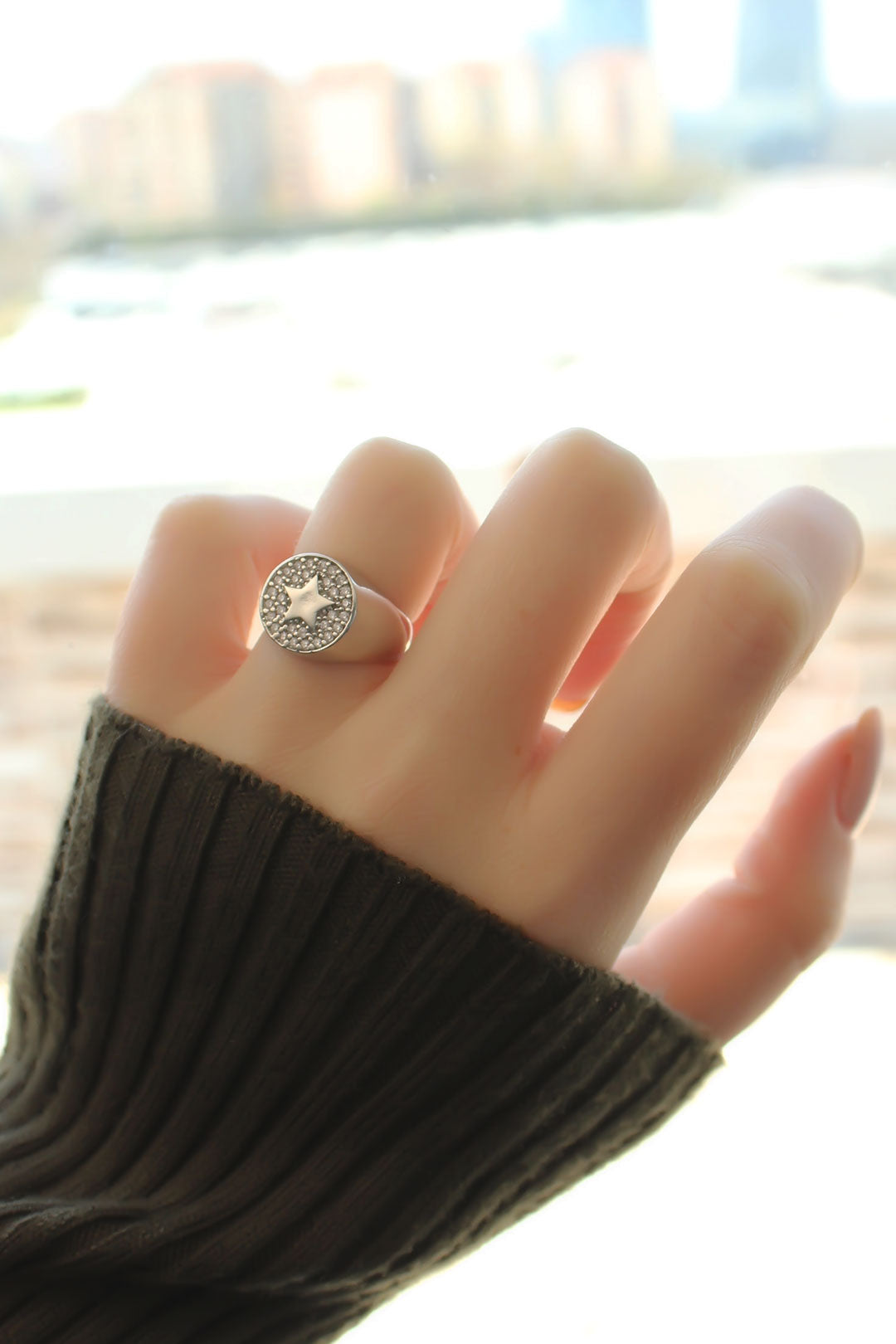Silver Color Zircon Stone Plate Star Ring