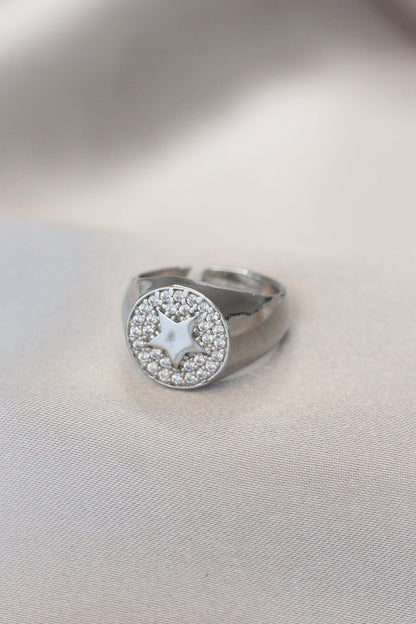 Silver Color Zircon Stone Plate Star Ring