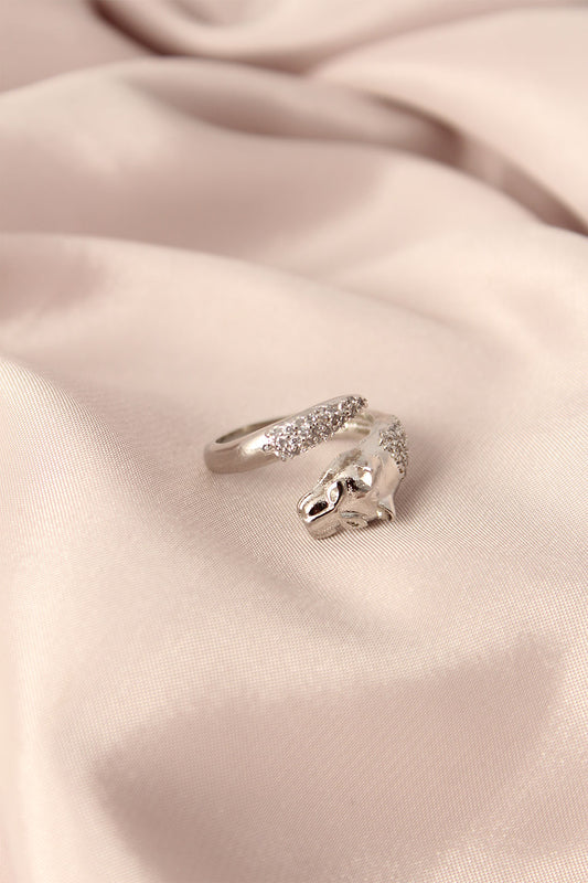 Gümüş Renk Metal Zirkon Taşlı Kaplan Model Ayarlanabilir Kadın Yüzük