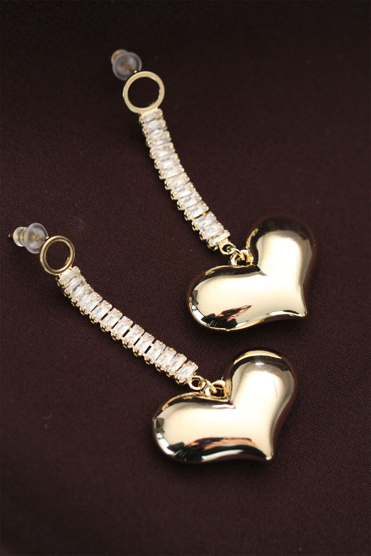 Çelik Altın Renk Baget Taşlı Kalp Küpe